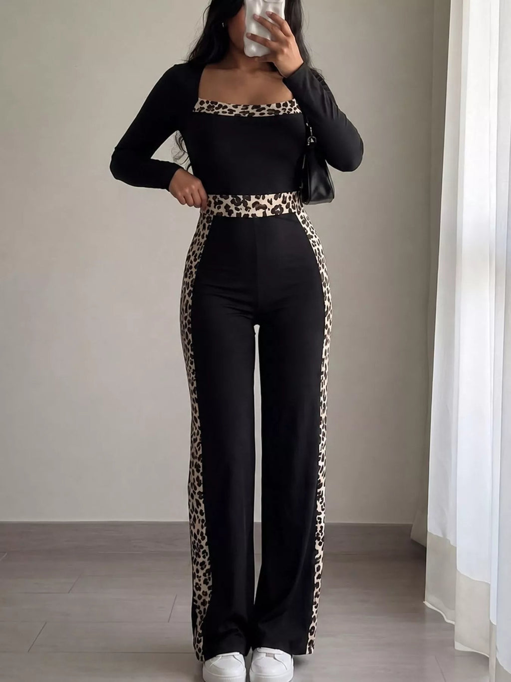 Leopard Trim Long Sleeve Jumpsuit - TheMomCo.