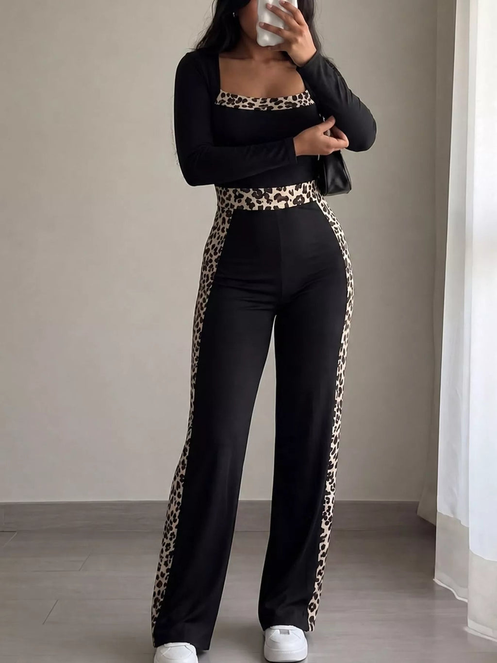 Leopard Trim Long Sleeve Jumpsuit - TheMomCo.