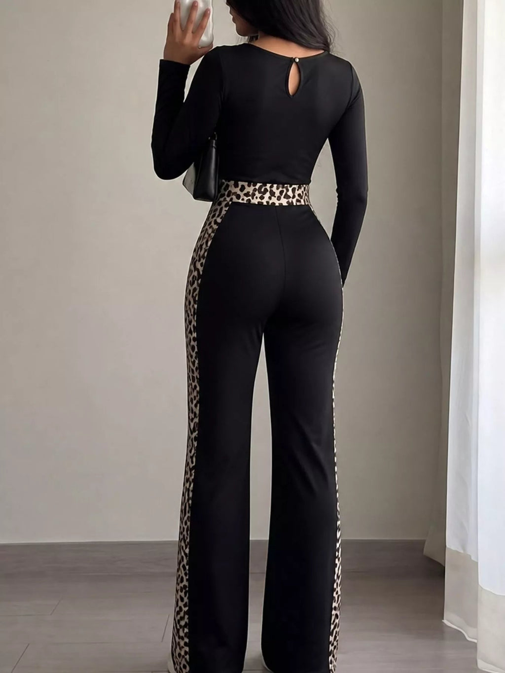 Leopard Trim Long Sleeve Jumpsuit - TheMomCo.