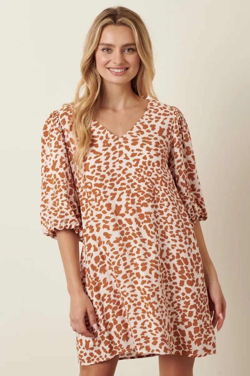 Mittoshop Animal Print Puff Sleeve Mini Dress - TheMomCo.
