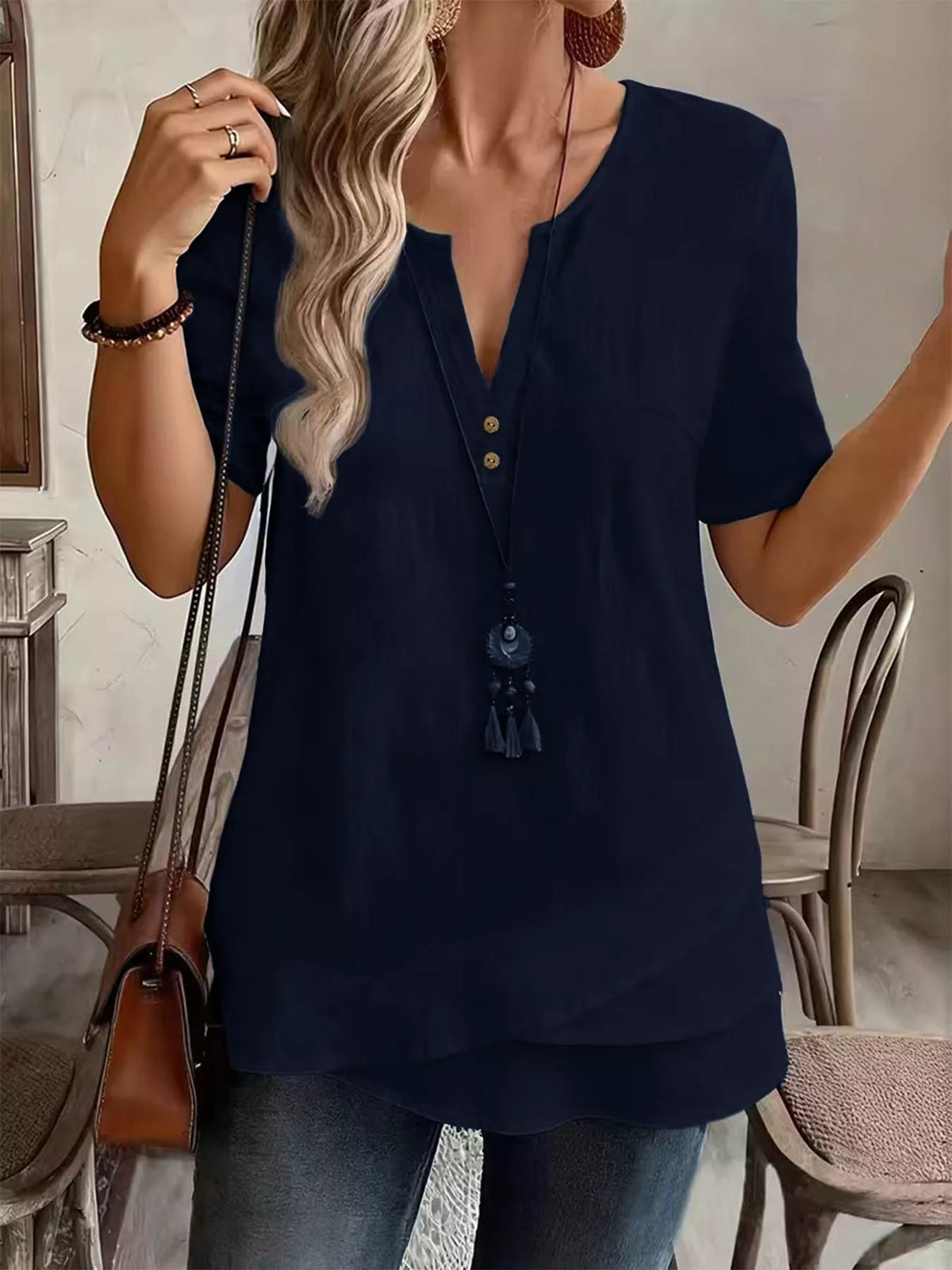 Notched Short Sleeve Blouse - TheMomCo.