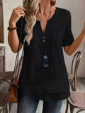 Notched Short Sleeve Blouse - TheMomCo.