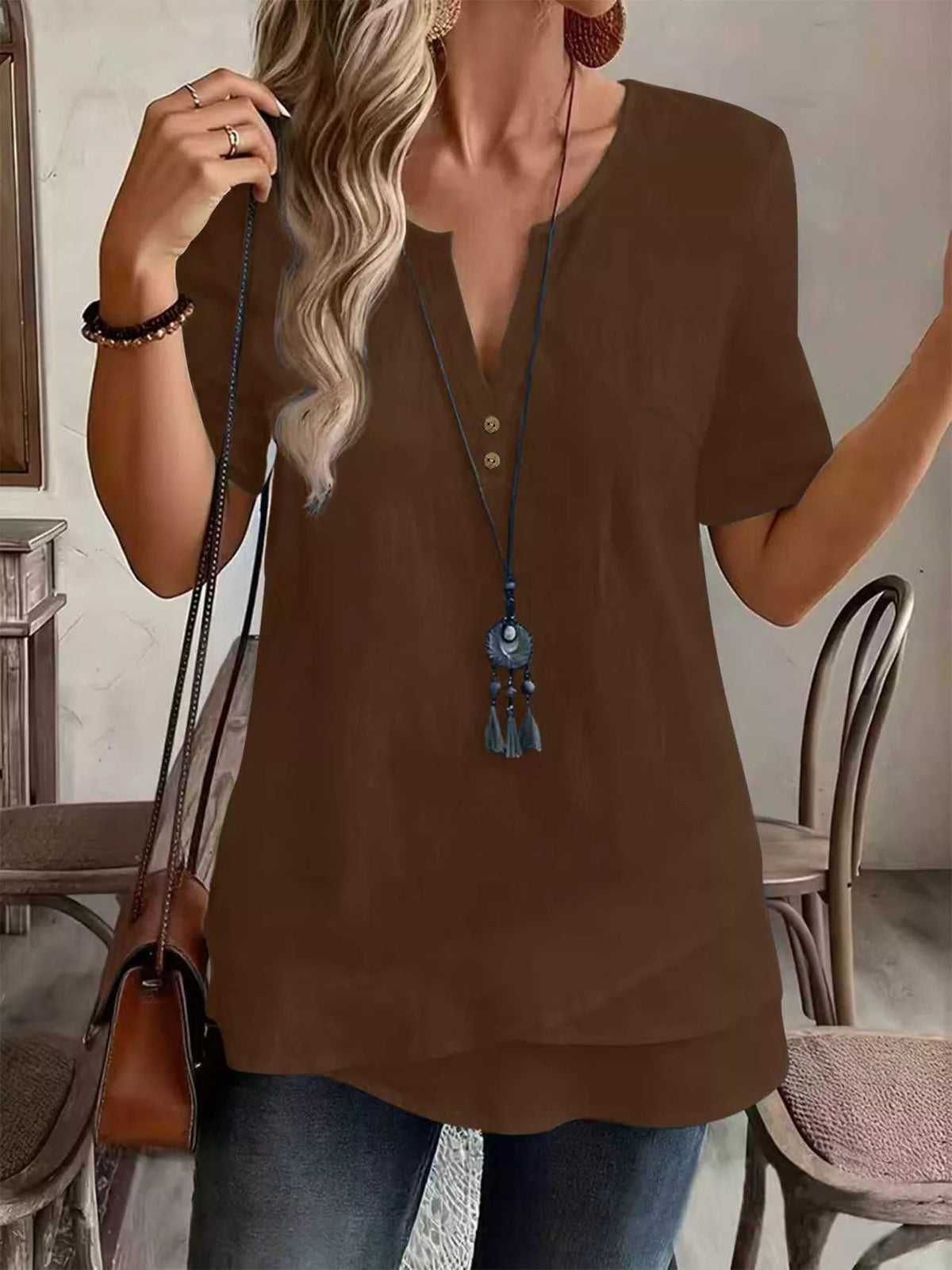 Notched Short Sleeve Blouse - TheMomCo.
