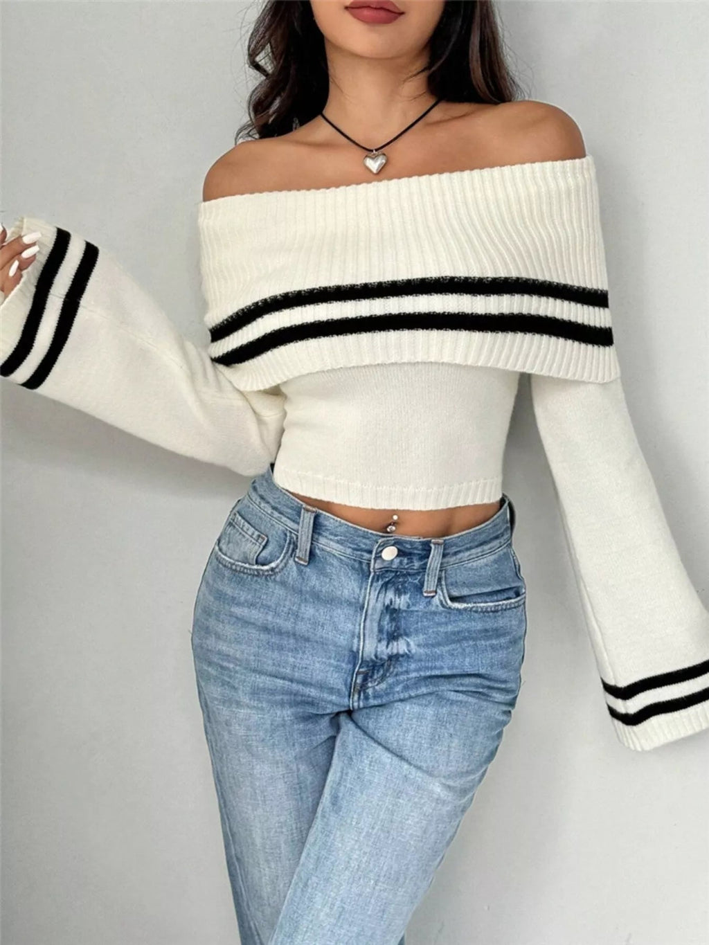 Off-Shoulder Striped Flare Sleeve Sweater - TheMomCo.