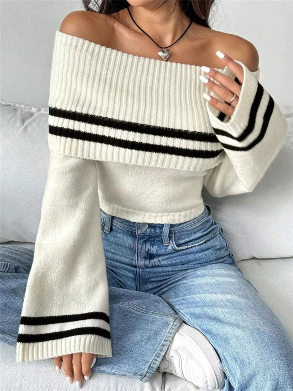 Off-Shoulder Striped Flare Sleeve Sweater - TheMomCo.