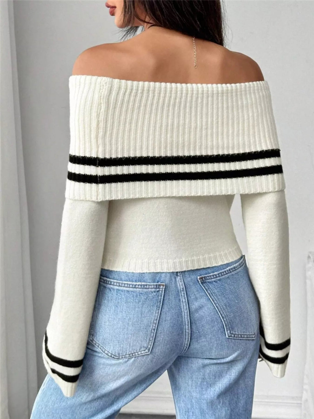 Off-Shoulder Striped Flare Sleeve Sweater - TheMomCo.