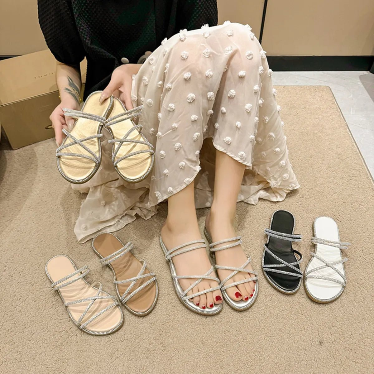 Open Toe Flats Sandals - TheMomCo.
