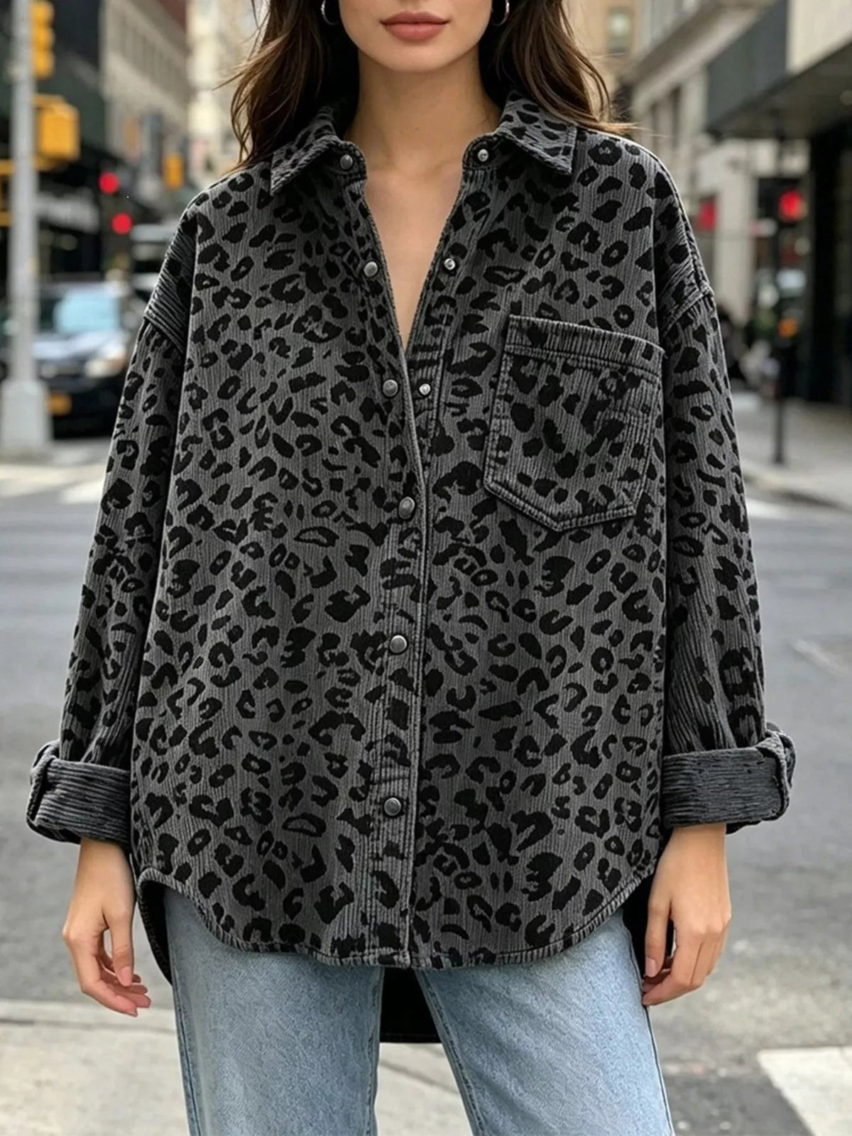 Oversized Leopard Corduroy Button-Down Shirt - TheMomCo.