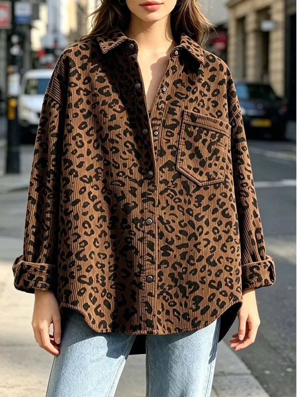 Oversized Leopard Corduroy Button-Down Shirt - TheMomCo.