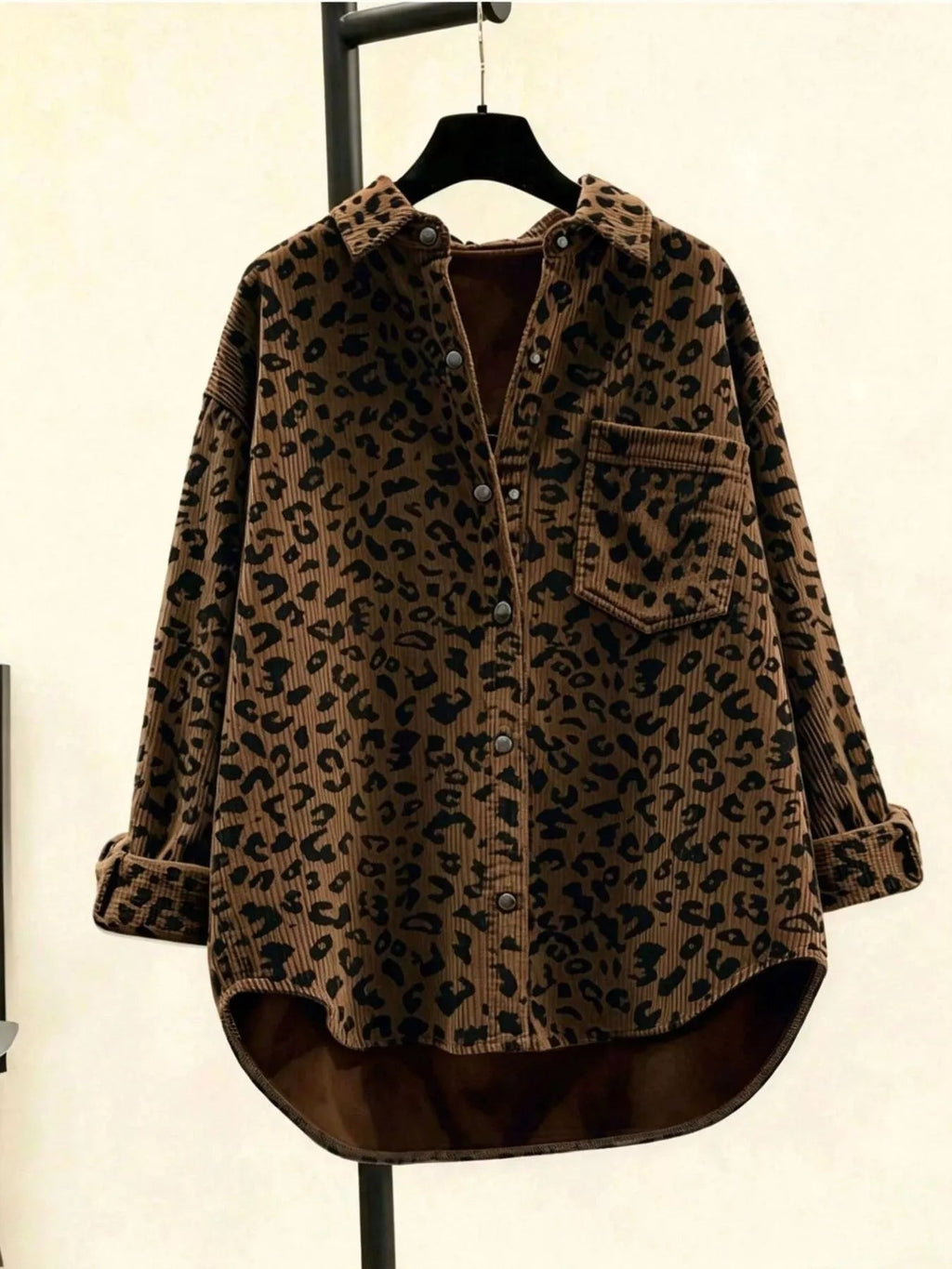 Oversized Leopard Corduroy Button-Down Shirt - TheMomCo.