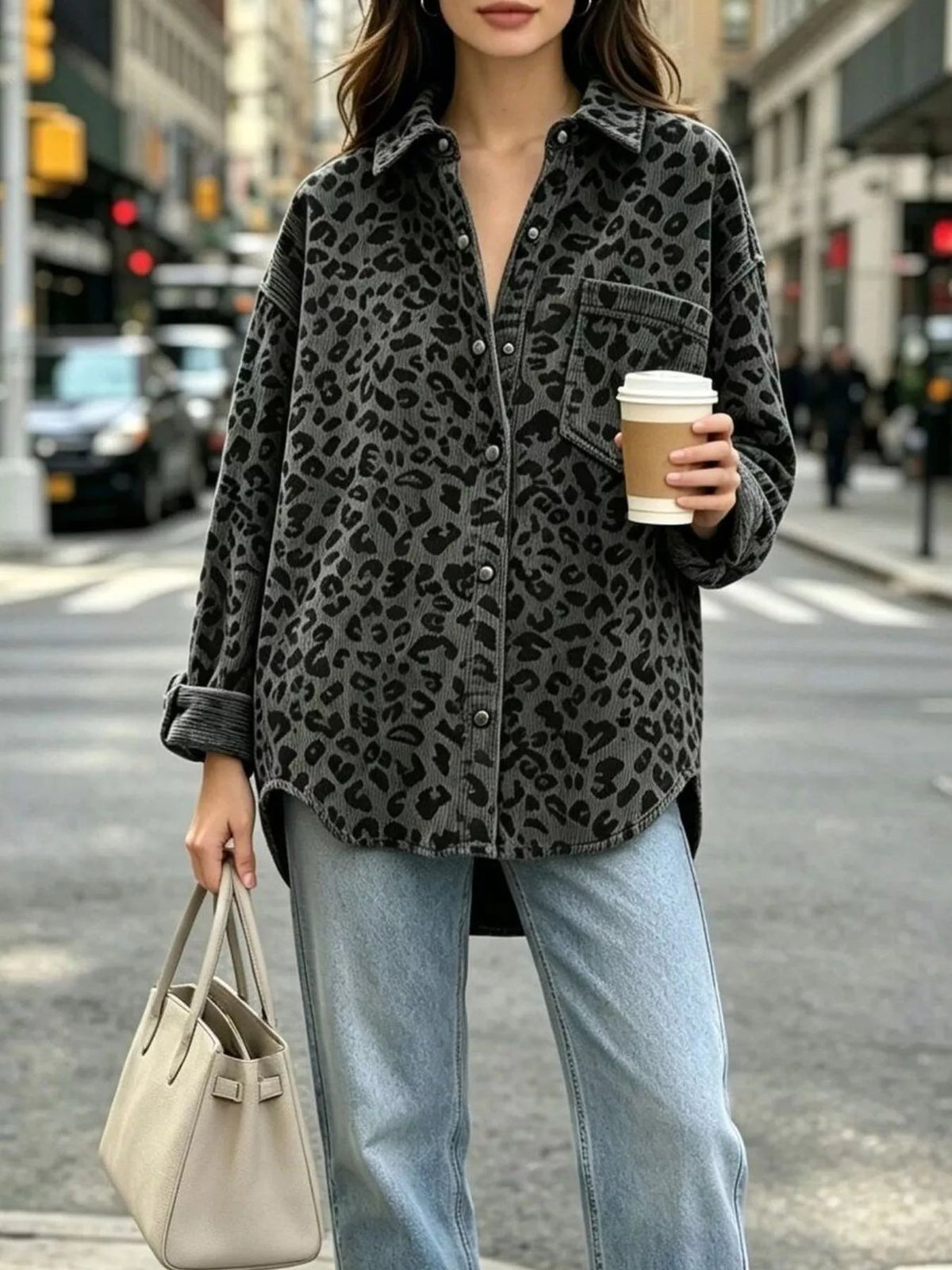 Oversized Leopard Corduroy Button-Down Shirt - TheMomCo.