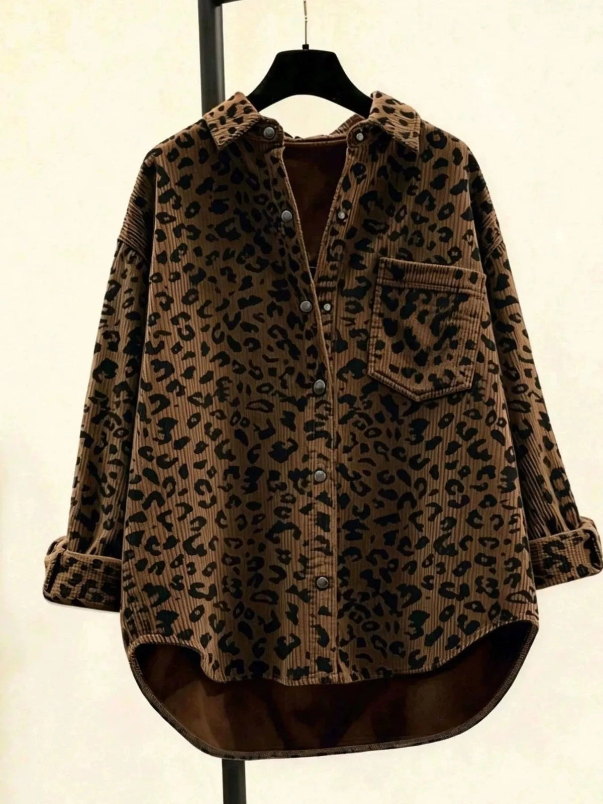 Oversized Leopard Corduroy Button-Down Shirt - TheMomCo.