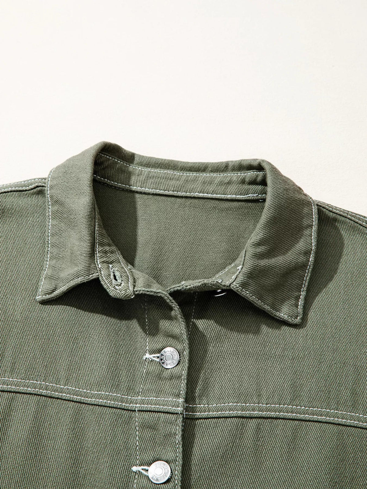Patched Pocket Collared Button Front Boyfriend Denim Jacket - TheMomCo.