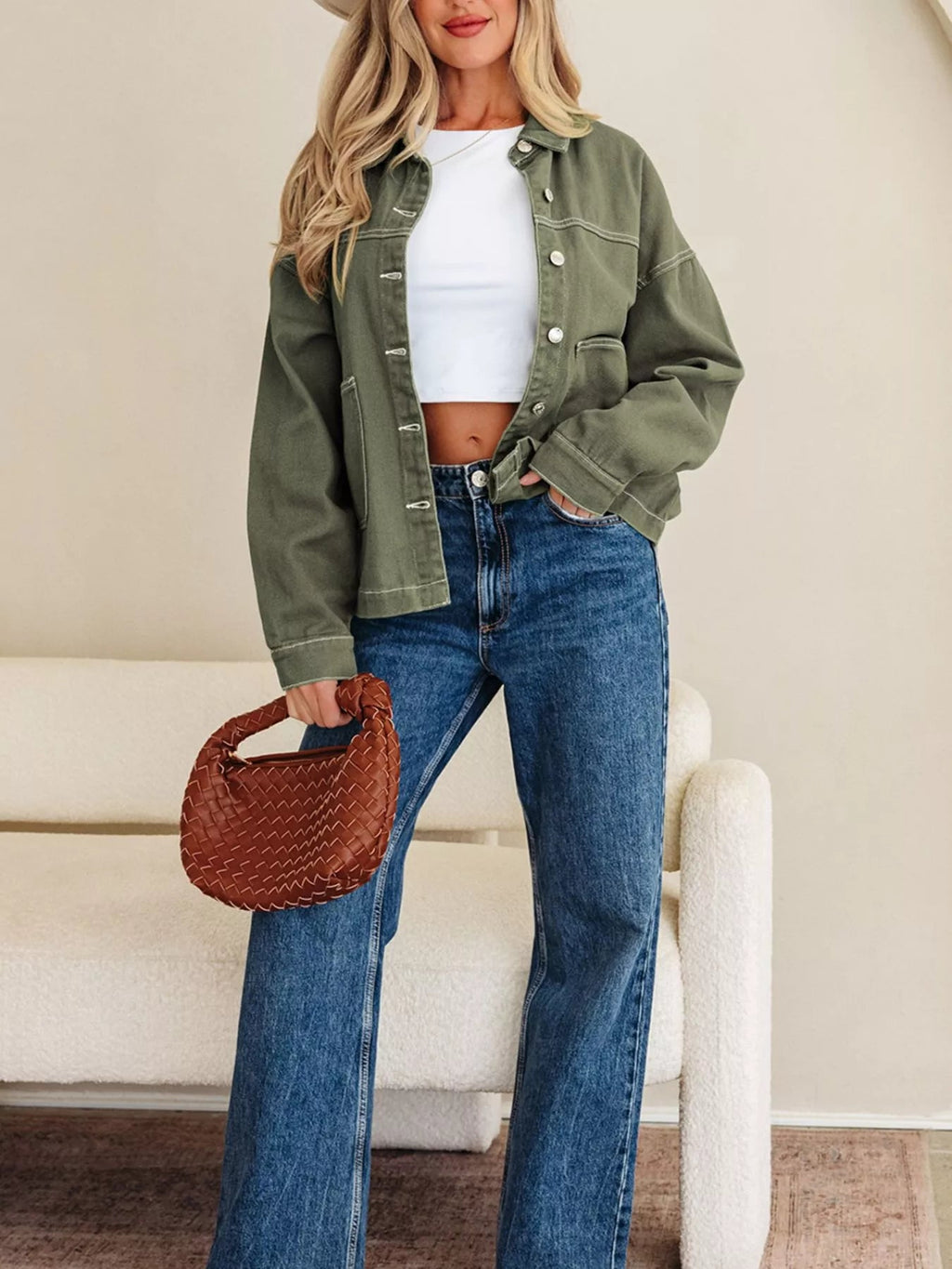 Patched Pocket Collared Button Front Boyfriend Denim Jacket - TheMomCo.