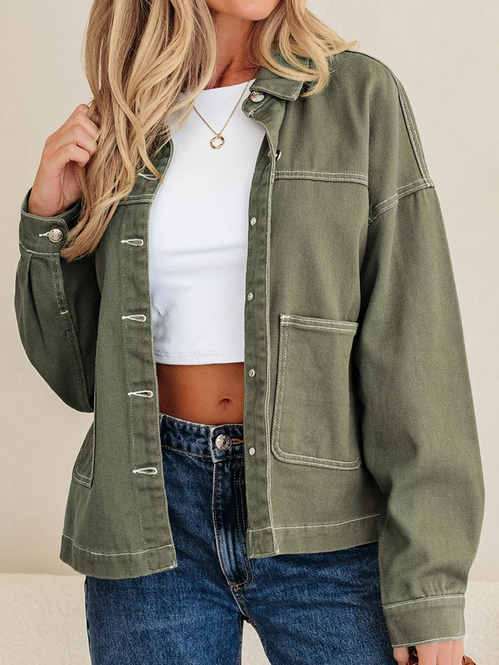 Patched Pocket Collared Button Front Boyfriend Denim Jacket - TheMomCo.