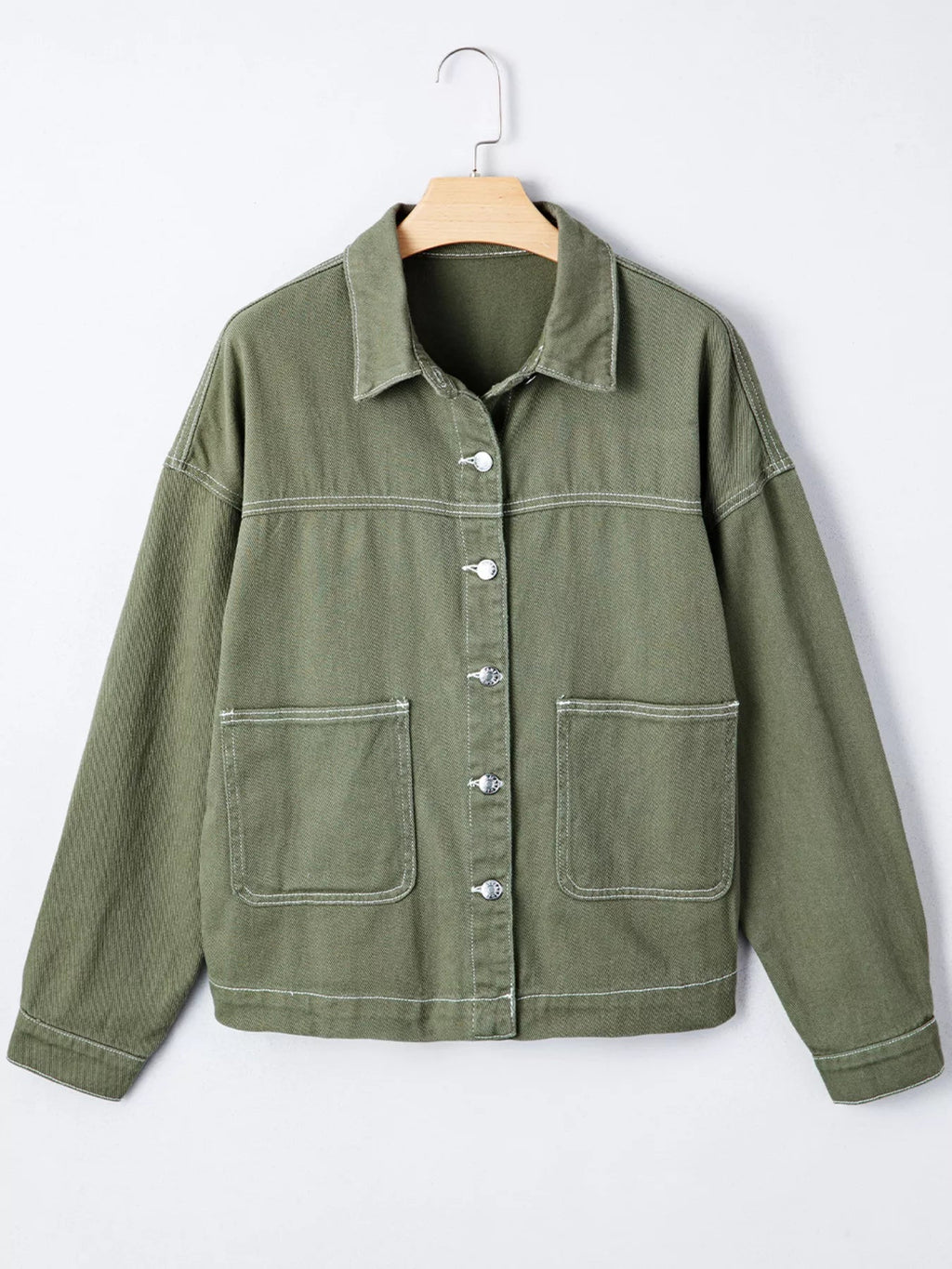 Patched Pocket Collared Button Front Boyfriend Denim Jacket - TheMomCo.