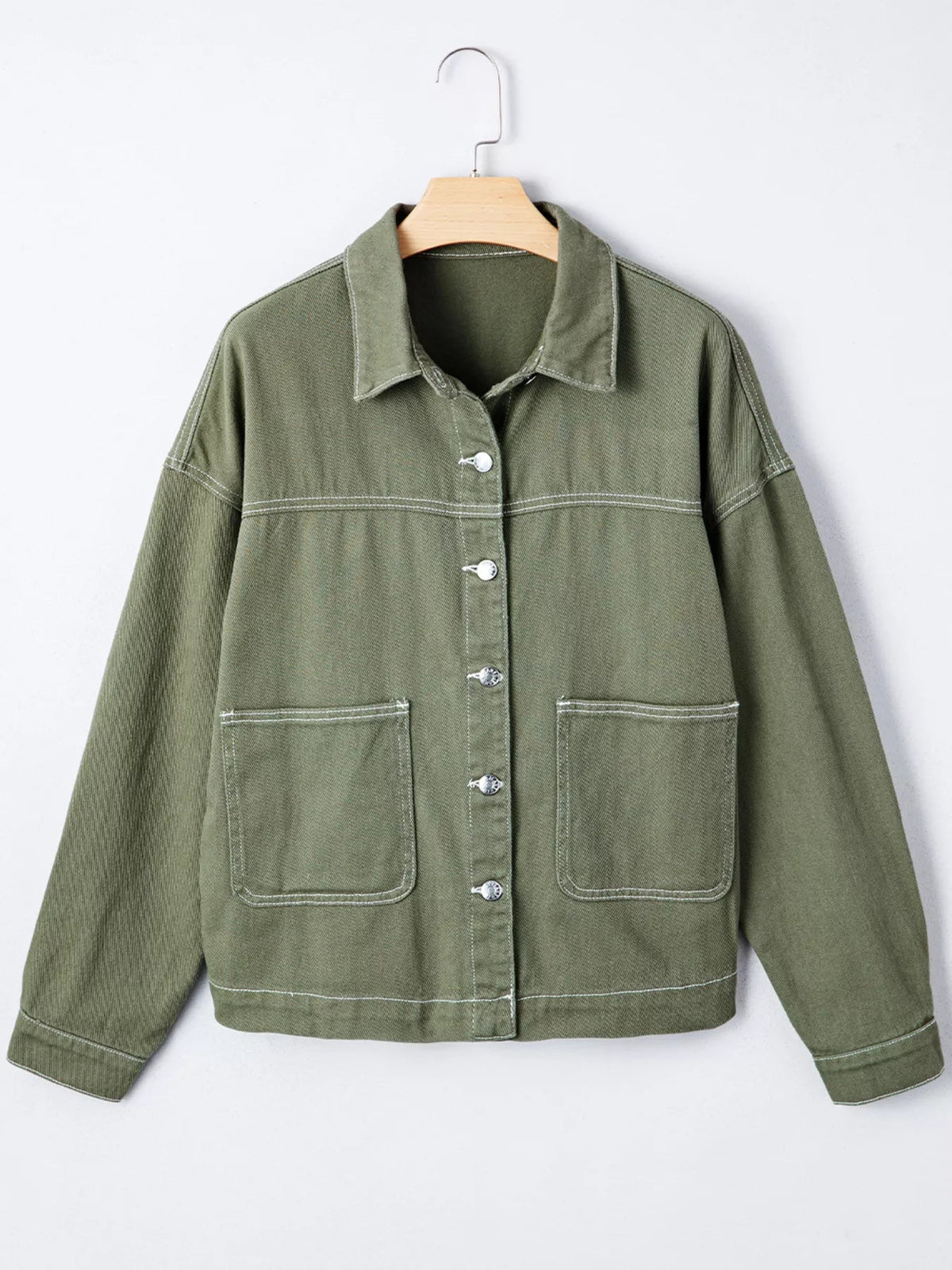 Patched Pocket Collared Button Front Boyfriend Denim Jacket - TheMomCo.