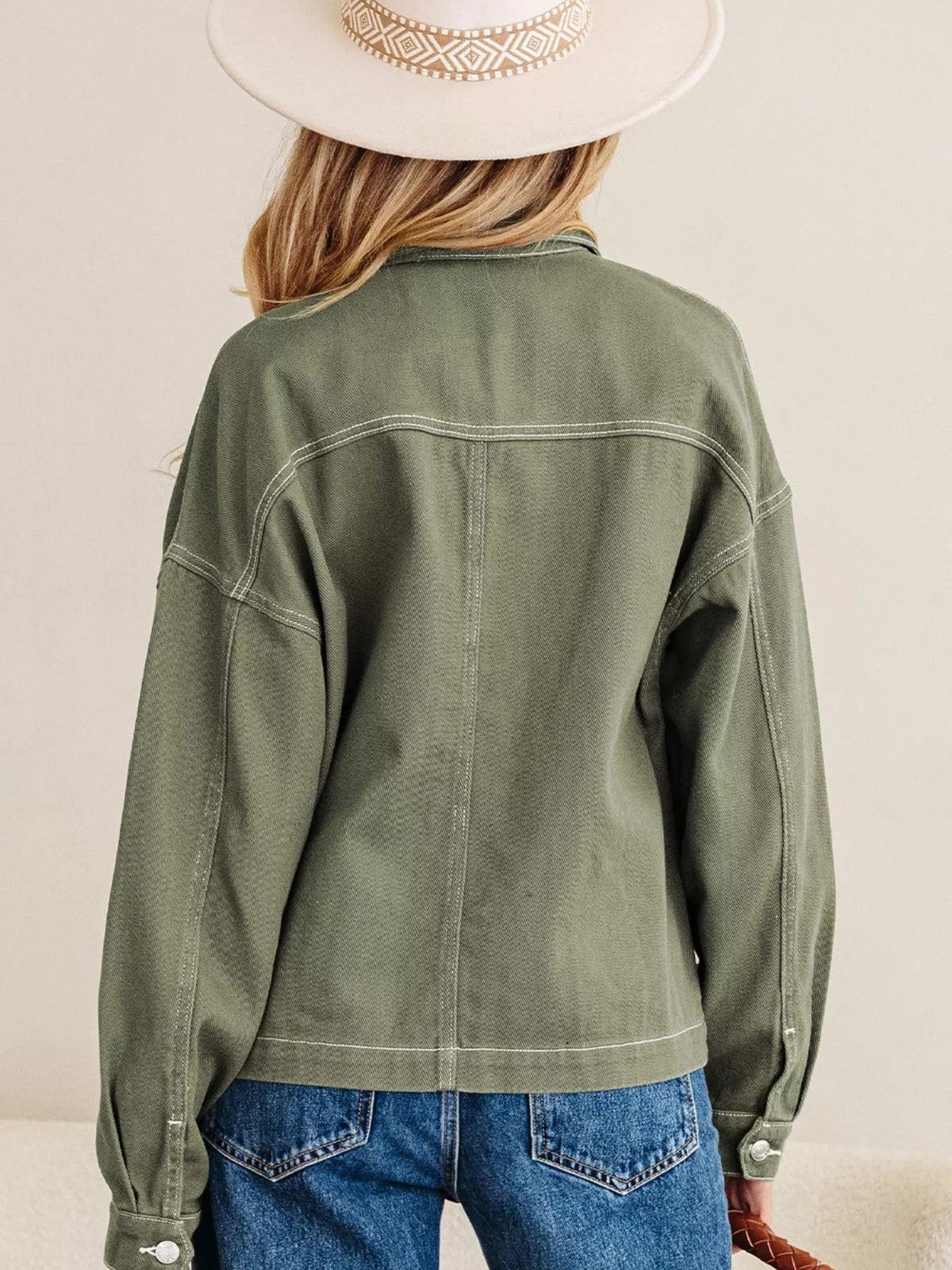 Patched Pocket Collared Button Front Boyfriend Denim Jacket - TheMomCo.