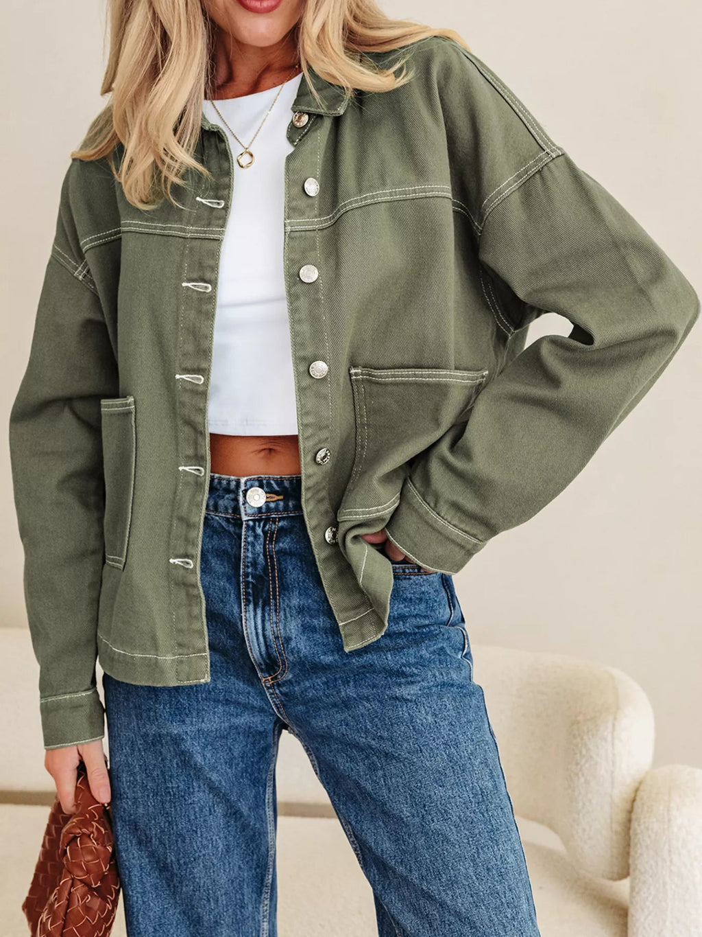 Patched Pocket Collared Button Front Boyfriend Denim Jacket - TheMomCo.
