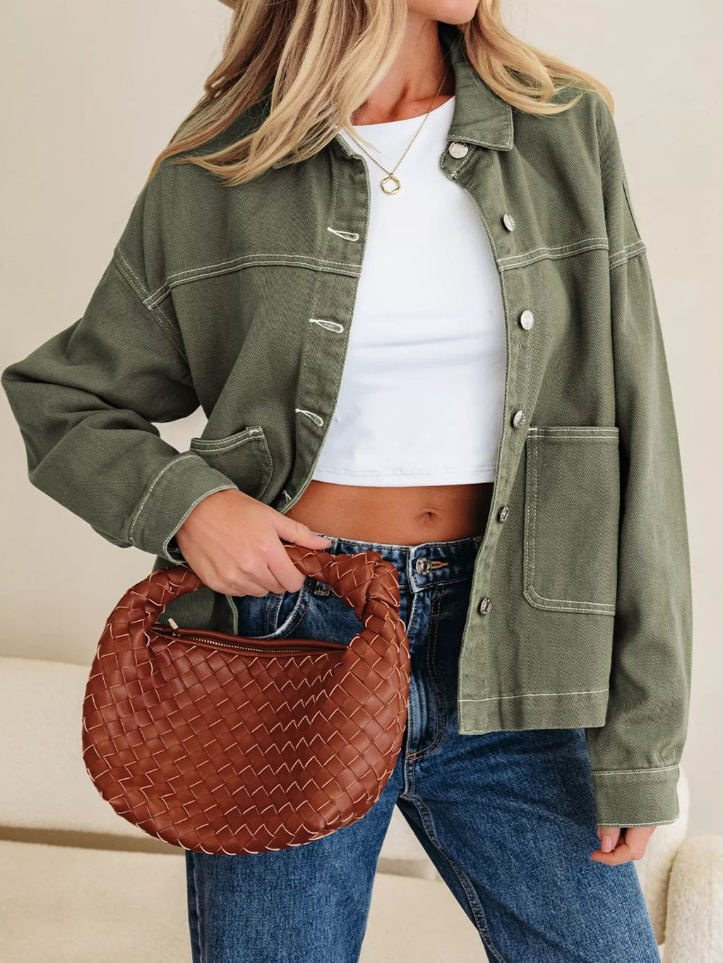 Patched Pocket Collared Button Front Boyfriend Denim Jacket - TheMomCo.