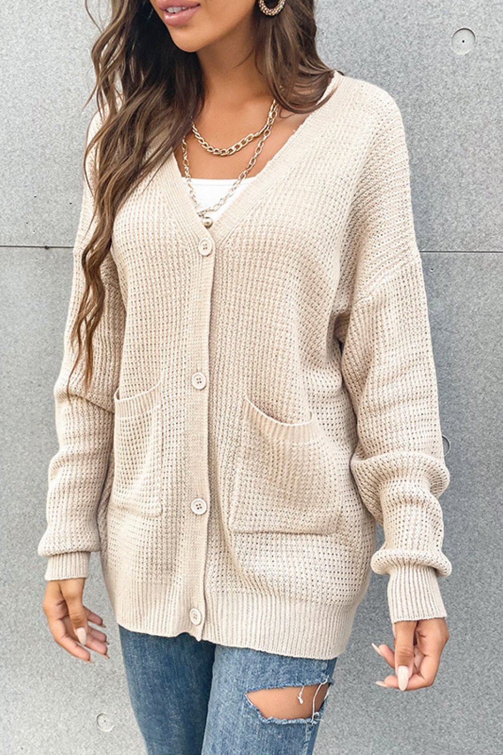 Perfee Button Front Drop Shoulder Waffle Cardigan - TheMomCo.