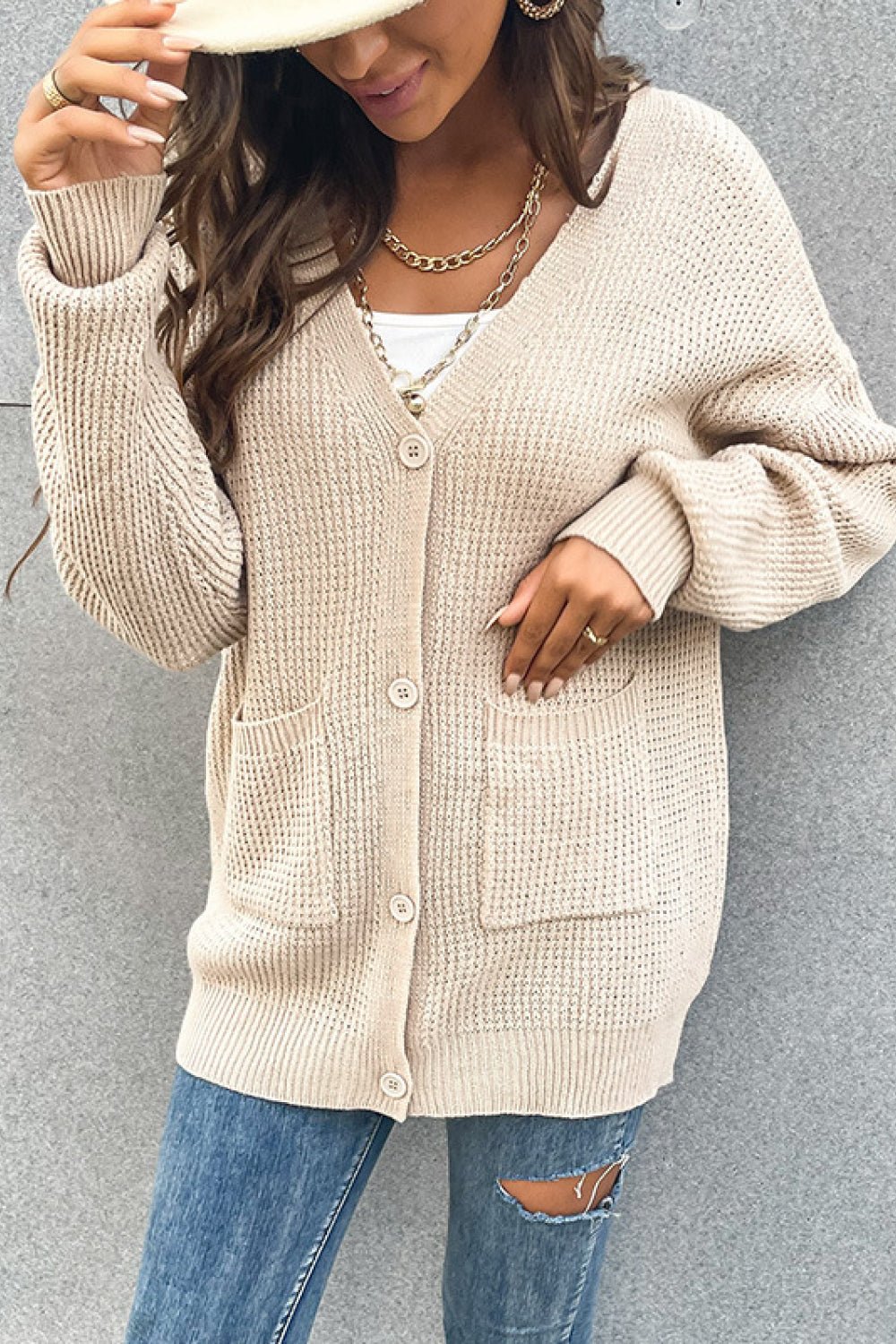 Perfee Button Front Drop Shoulder Waffle Cardigan - TheMomCo.