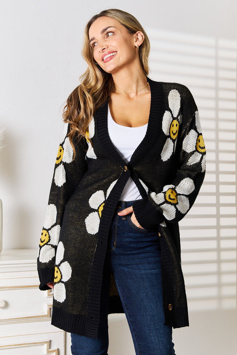 Perfee Floral Button Down Longline Cardigan - TheMomCo.