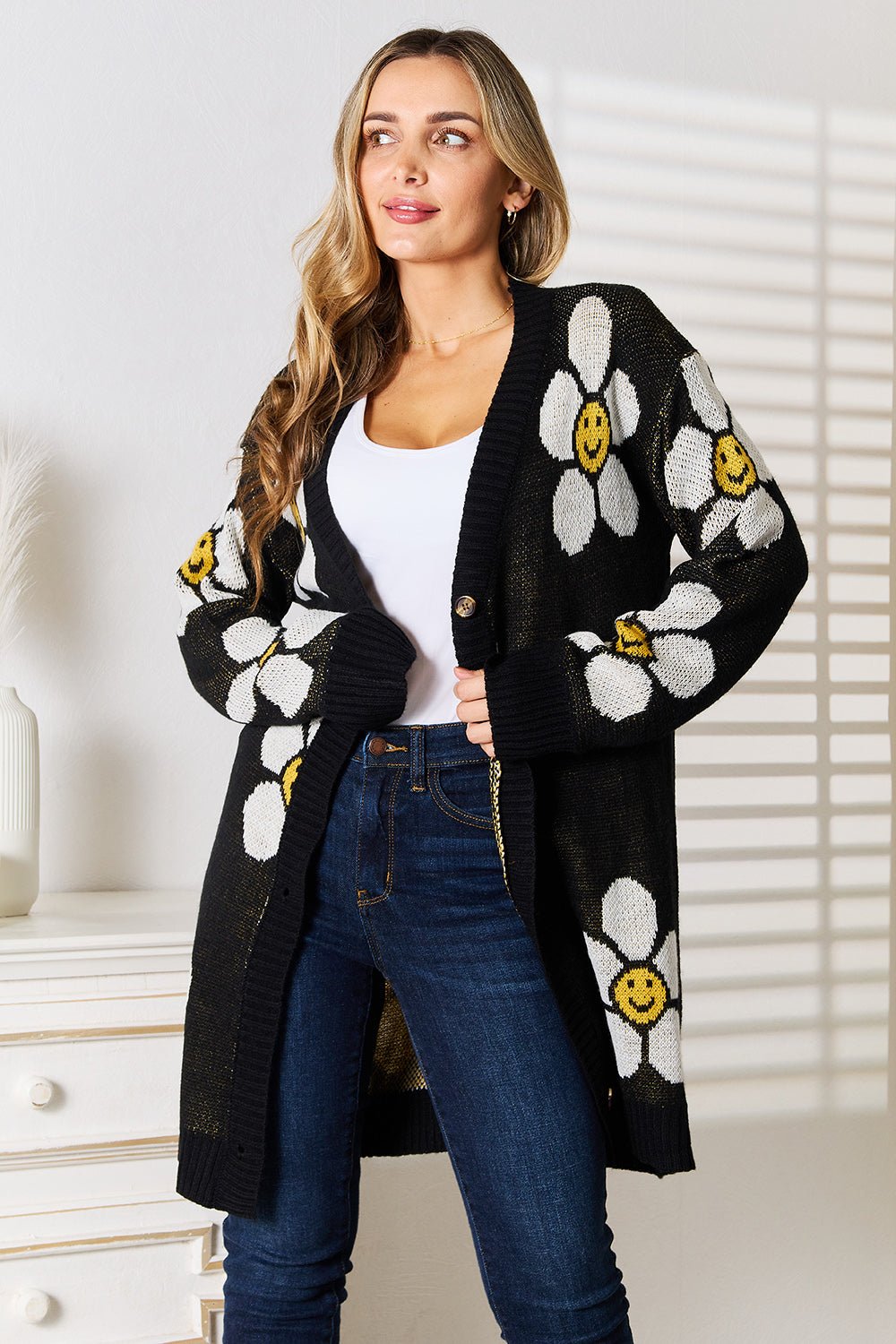 Perfee Floral Button Down Longline Cardigan - TheMomCo.