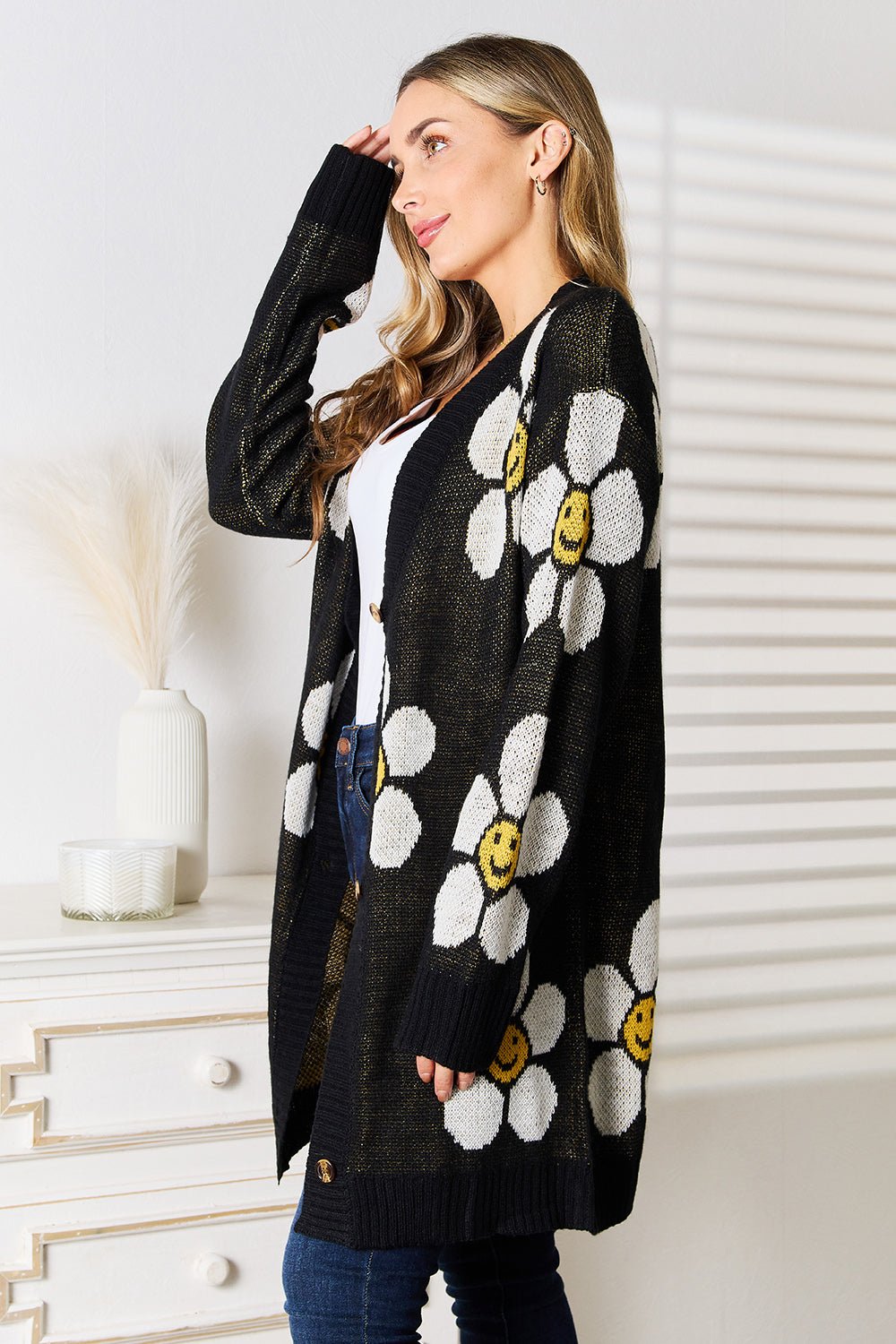 Perfee Floral Button Down Longline Cardigan - TheMomCo.