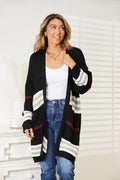 Perfee Striped Rib-Knit Drop Shoulder Open Front Cardigan - TheMomCo.