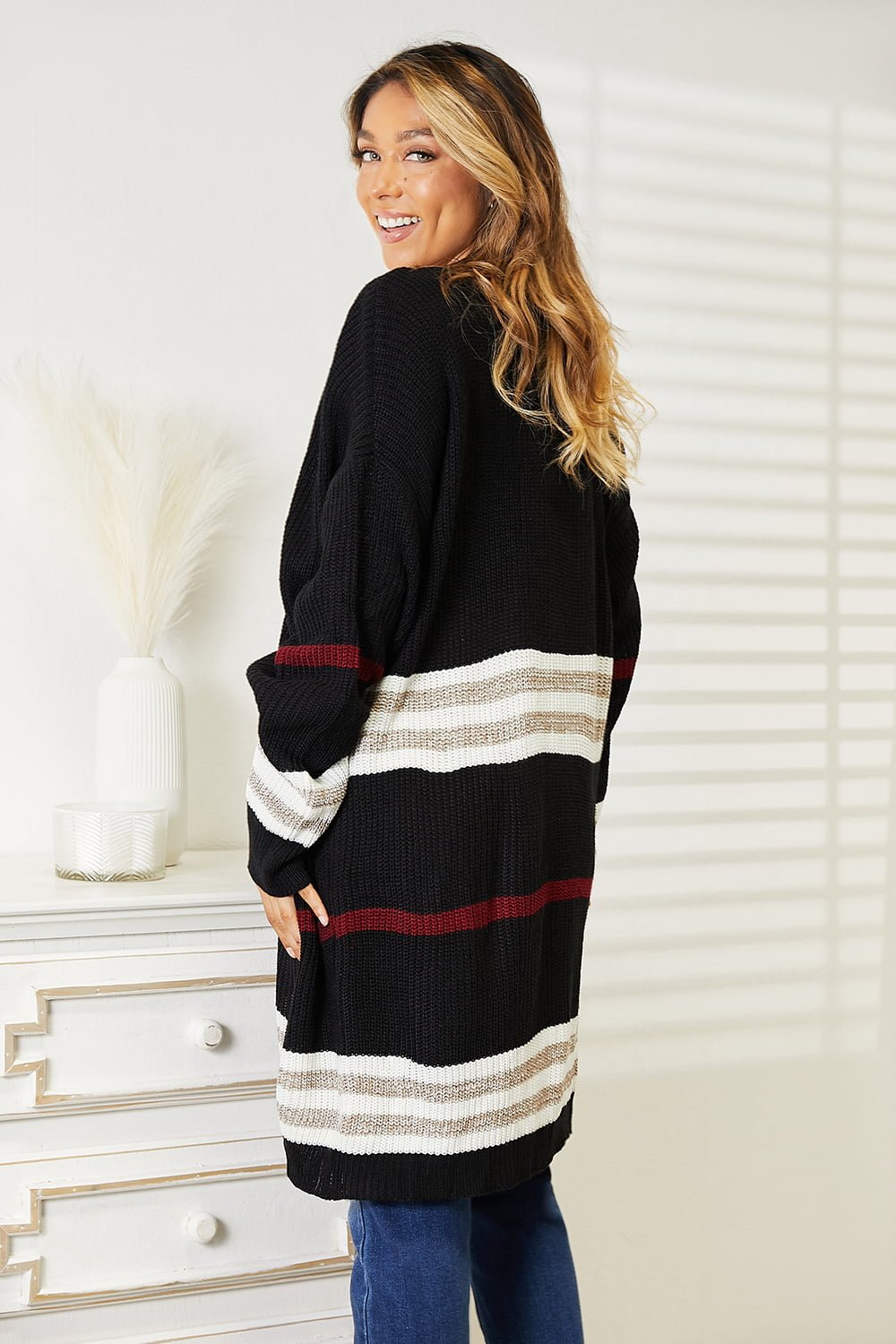 Perfee Striped Rib-Knit Drop Shoulder Open Front Cardigan - TheMomCo.