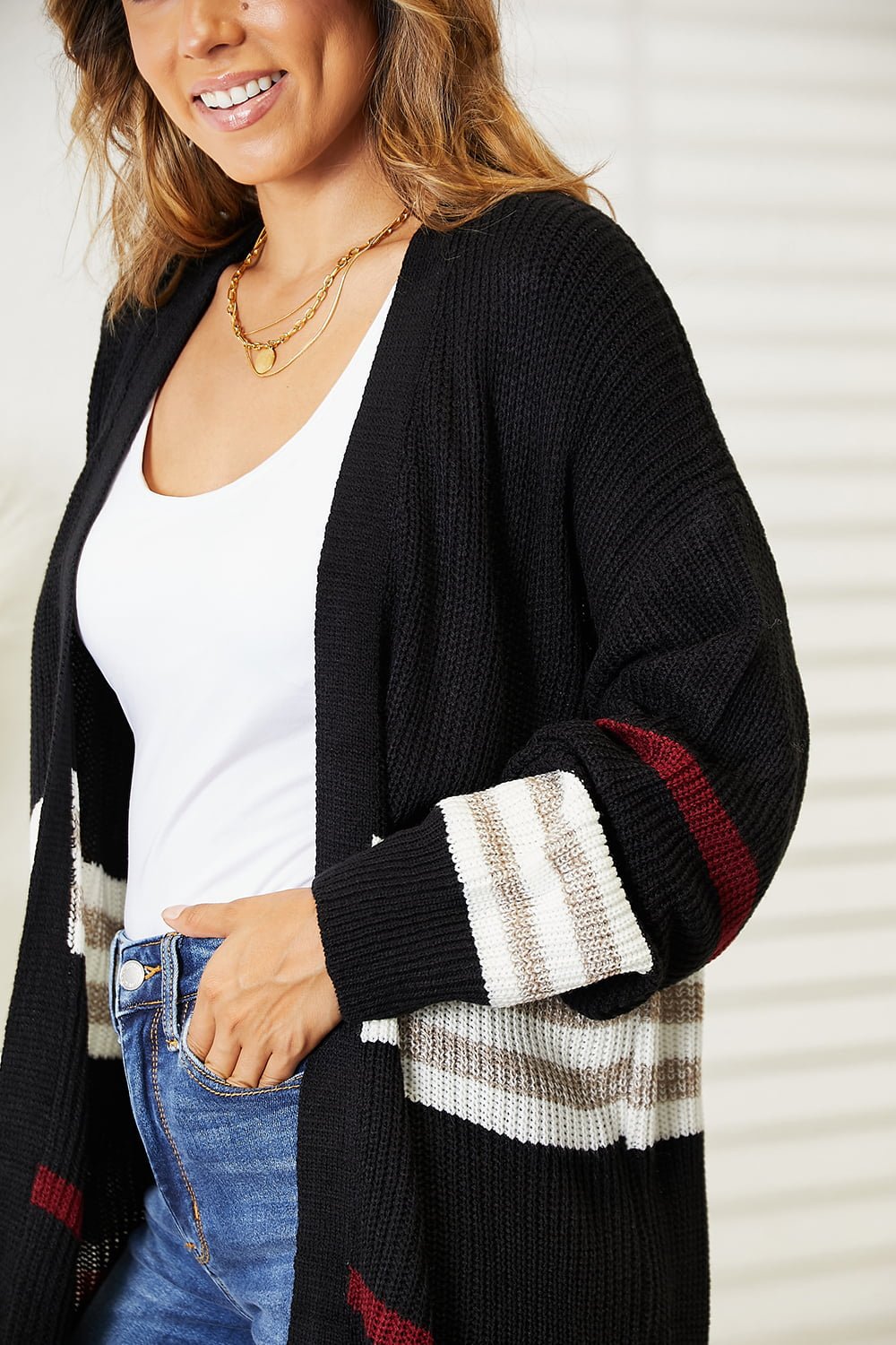 Perfee Striped Rib-Knit Drop Shoulder Open Front Cardigan - TheMomCo.