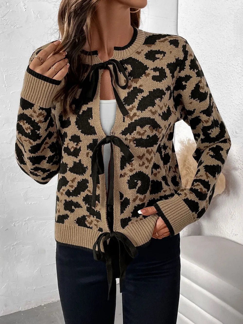 Perfee Tied Leopard Long Sleeve Cardigan - TheMomCo.