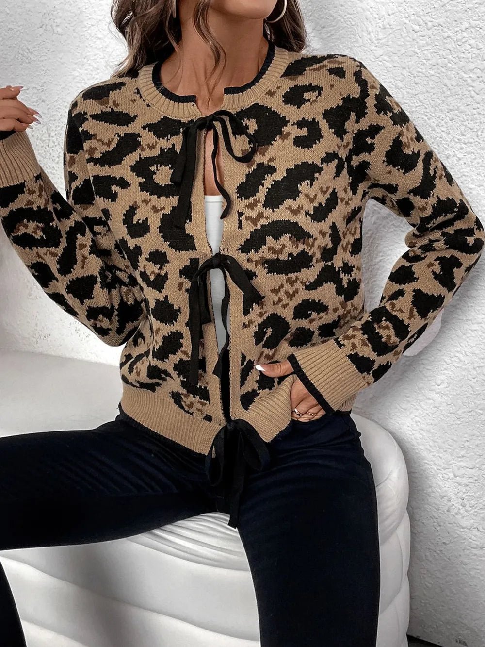 Perfee Tied Leopard Long Sleeve Cardigan - TheMomCo.
