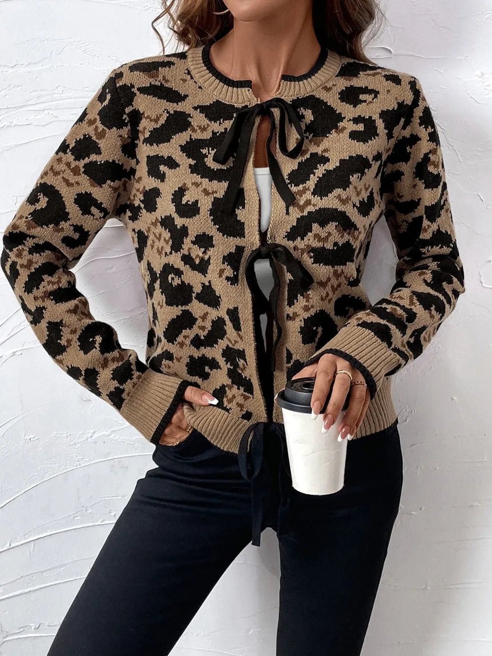 Perfee Tied Leopard Long Sleeve Cardigan - TheMomCo.