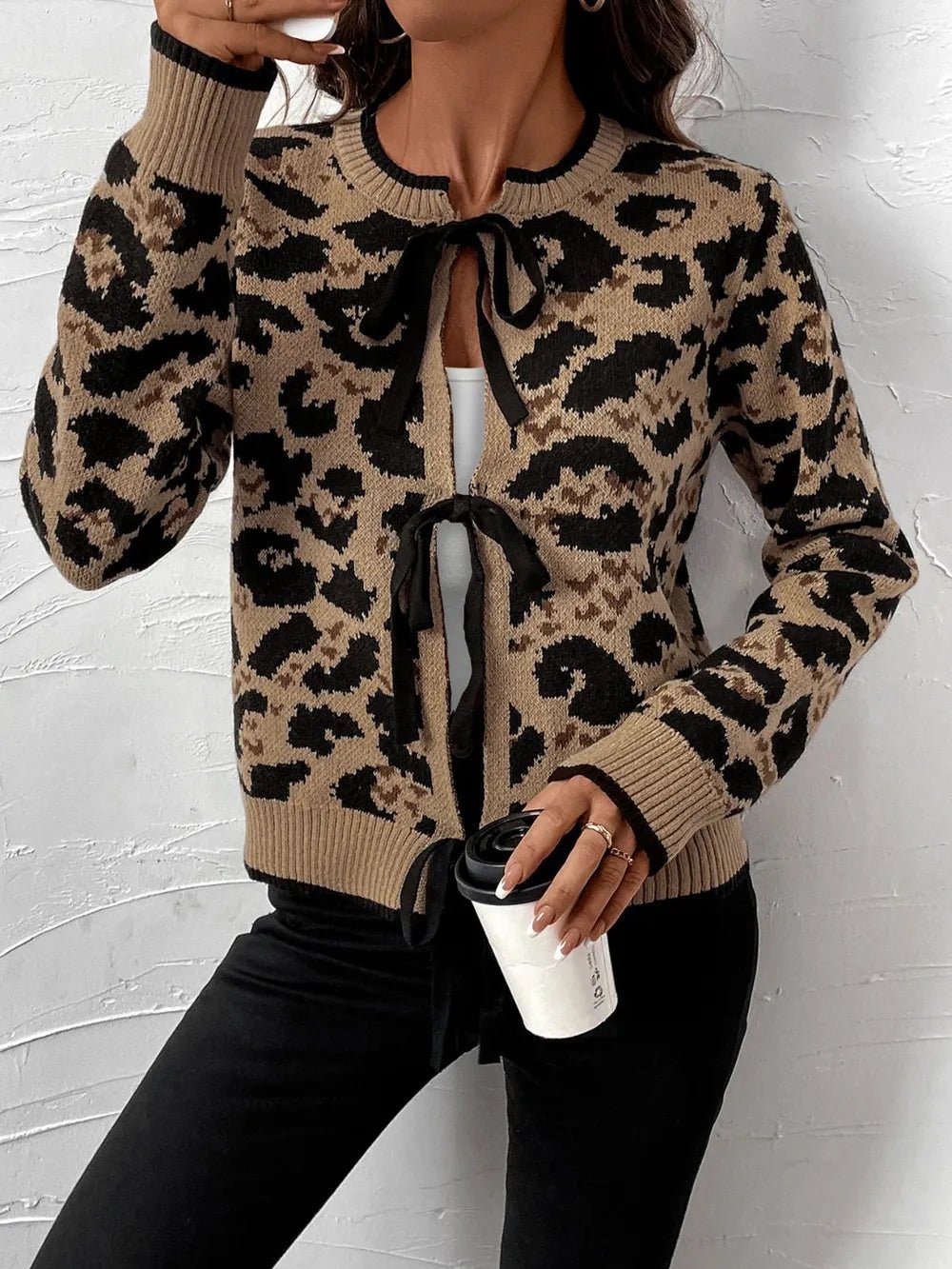 Perfee Tied Leopard Long Sleeve Cardigan - TheMomCo.