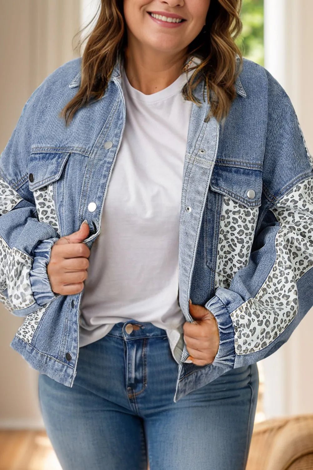 Plus Size Leopard Long Sleeve Denim Jacket - TheMomCo.
