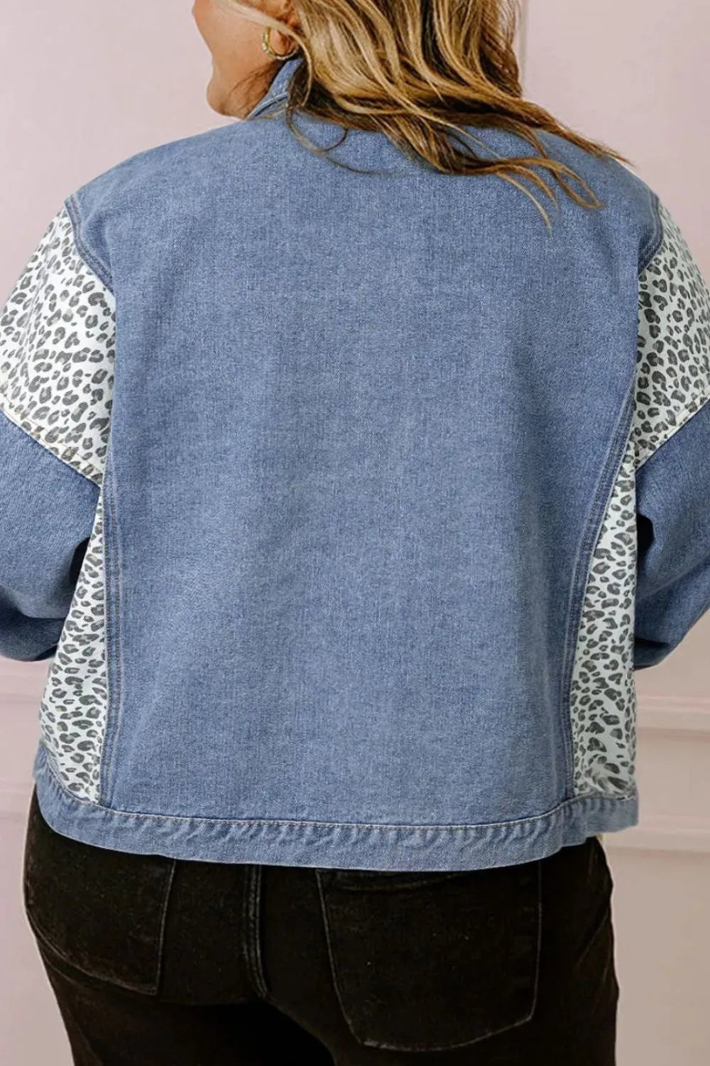Plus Size Leopard Long Sleeve Denim Jacket - TheMomCo.