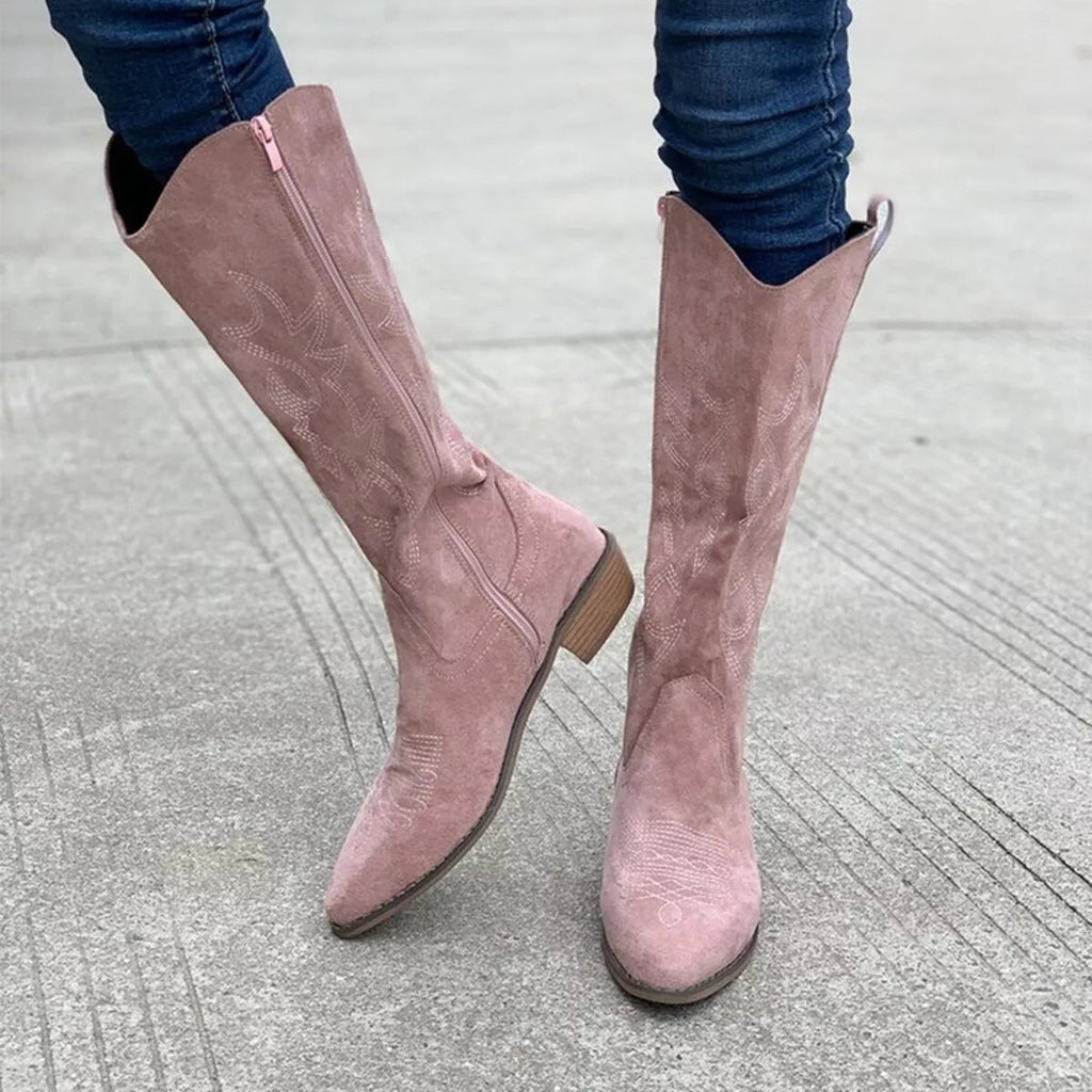Point Toe Block Heels Boots - TheMomCo.