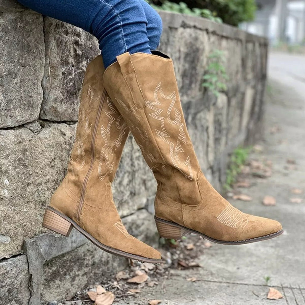 Point Toe Block Heels Boots - TheMomCo.
