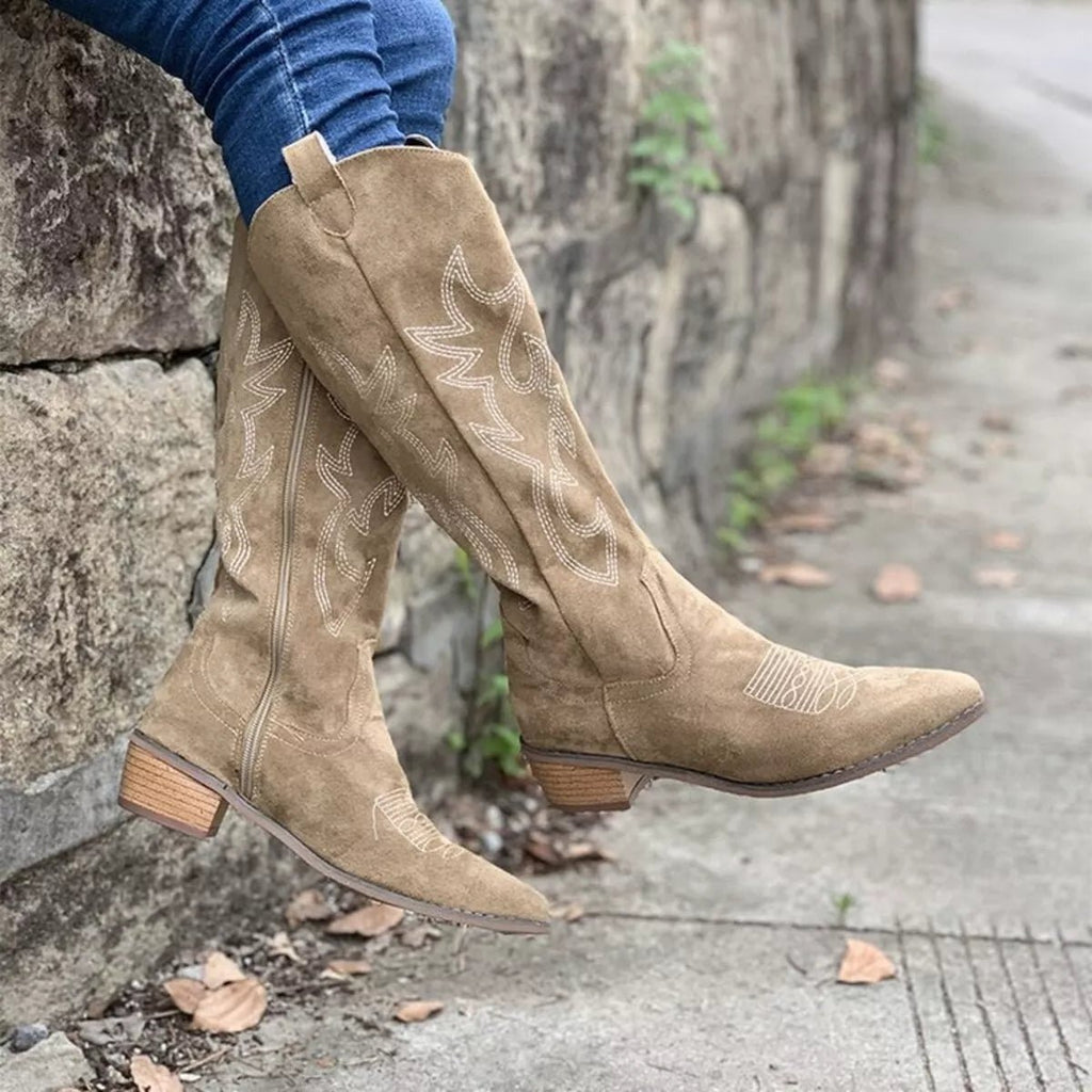 Point Toe Block Heels Boots - TheMomCo.