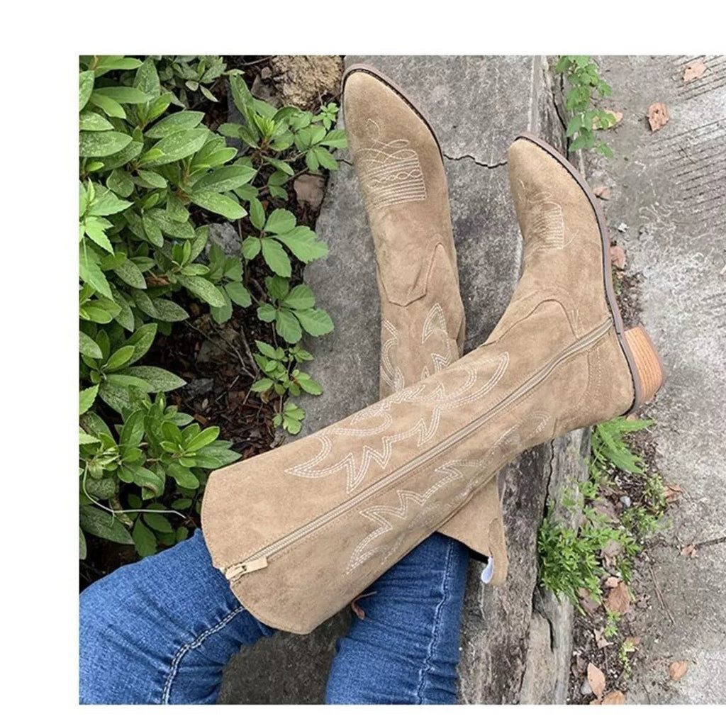 Point Toe Block Heels Boots - TheMomCo.