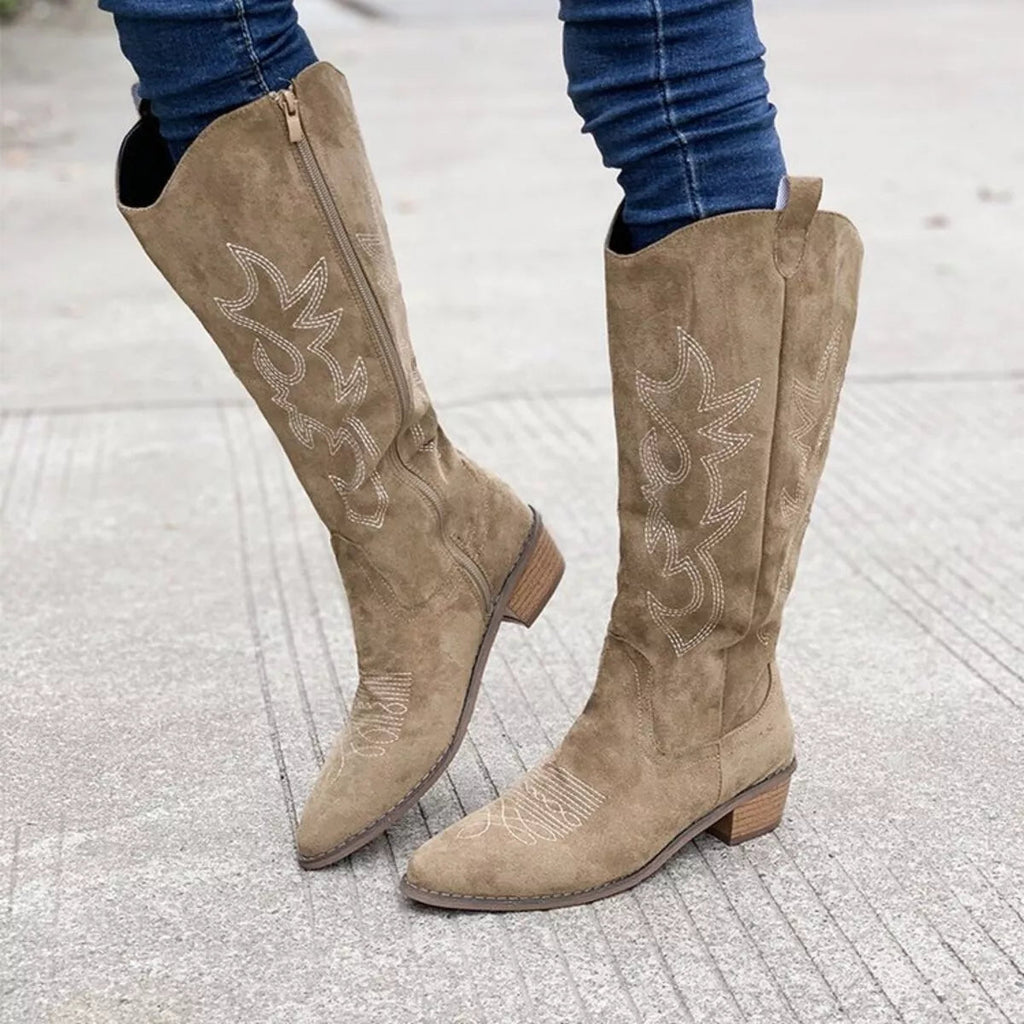 Point Toe Block Heels Boots - TheMomCo.