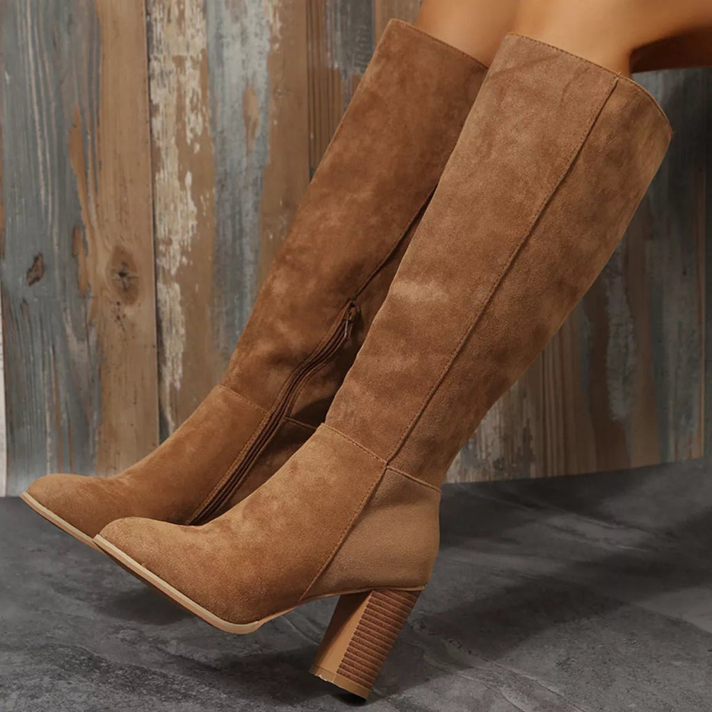 Point Toe Block Heels Boots - TheMomCo.