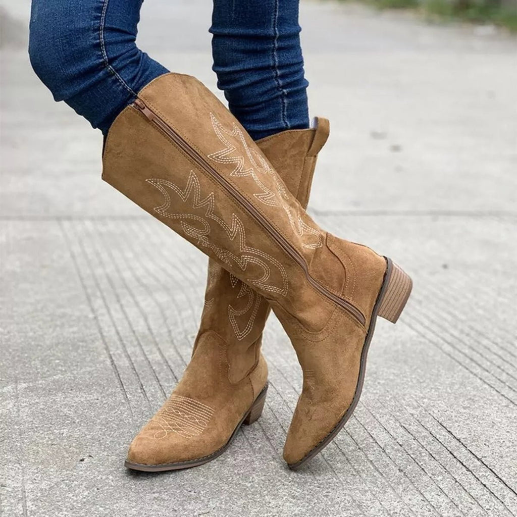 Point Toe Block Heels Boots - TheMomCo.