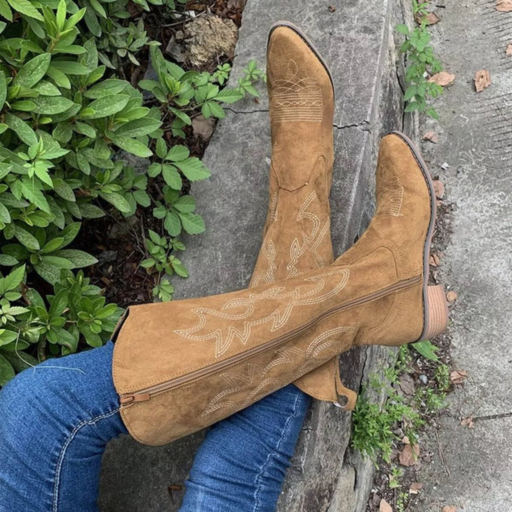 Point Toe Block Heels Boots - TheMomCo.