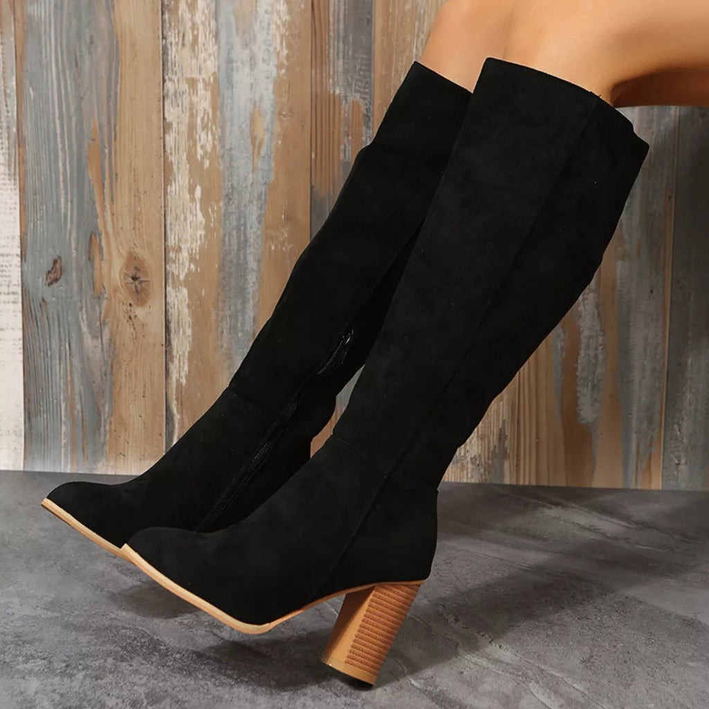 Point Toe Block Heels Boots - TheMomCo.