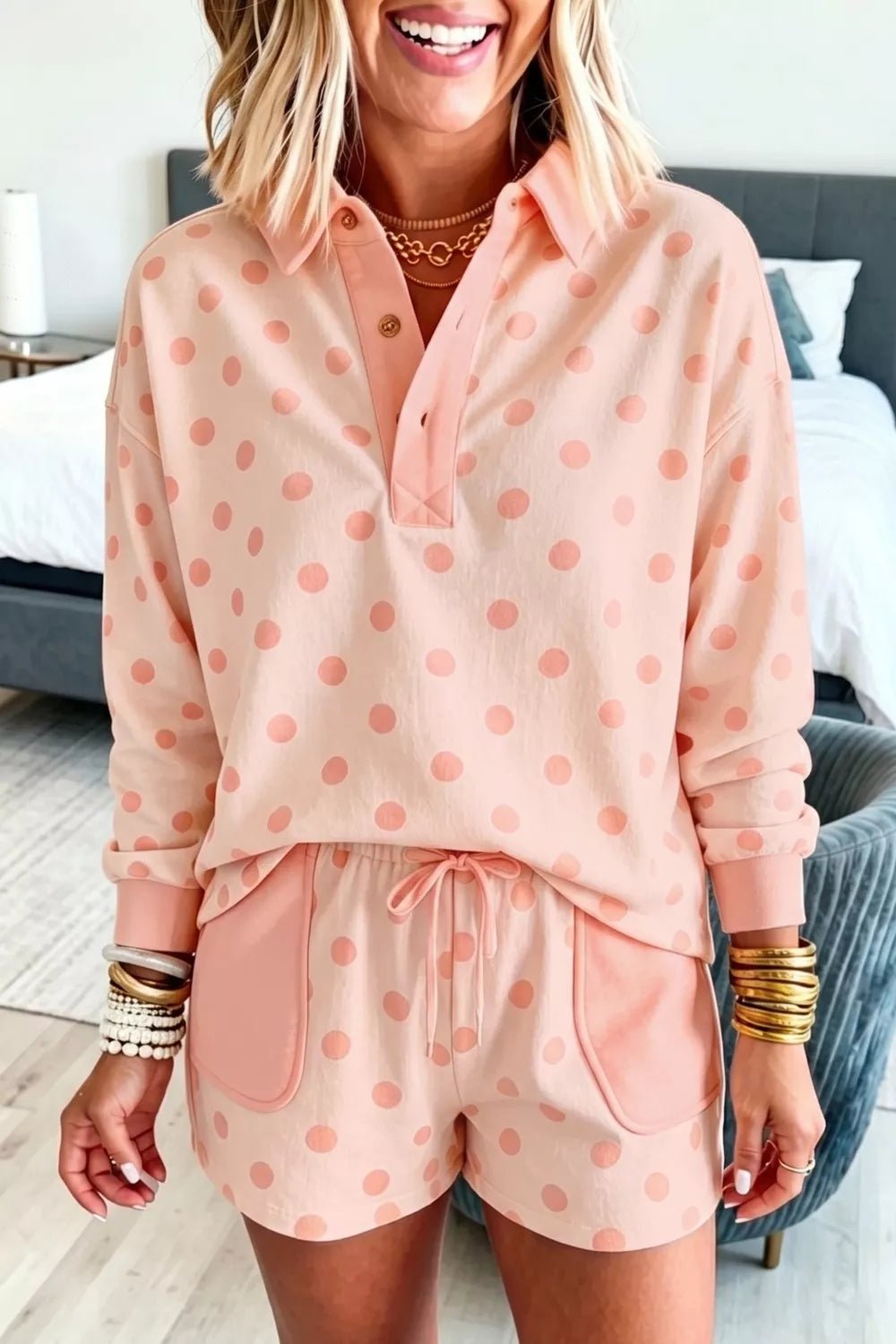 Polka Dot Drop Shoulder Polo Loose Pullover Patch Pocket Casual Shorts Set - TheMomCo.