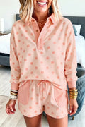 Polka Dot Drop Shoulder Polo Loose Pullover Patch Pocket Casual Shorts Set - TheMomCo.