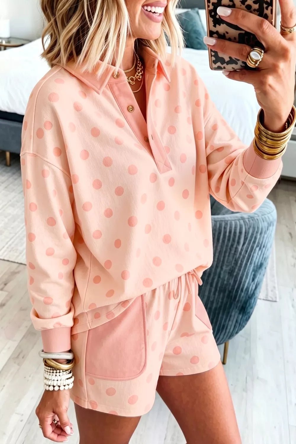 Polka Dot Drop Shoulder Polo Loose Pullover Patch Pocket Casual Shorts Set - TheMomCo.